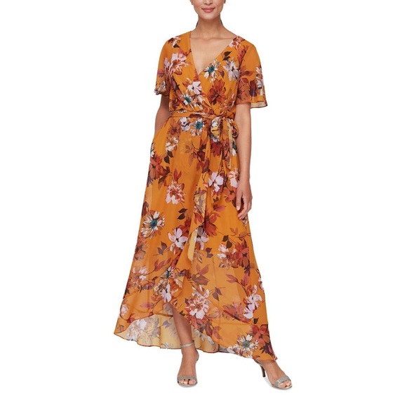 SLNY High-Low Short Sleeve Floral Maxi Dress Mustard Color Size 6 - Picture 2 of 13